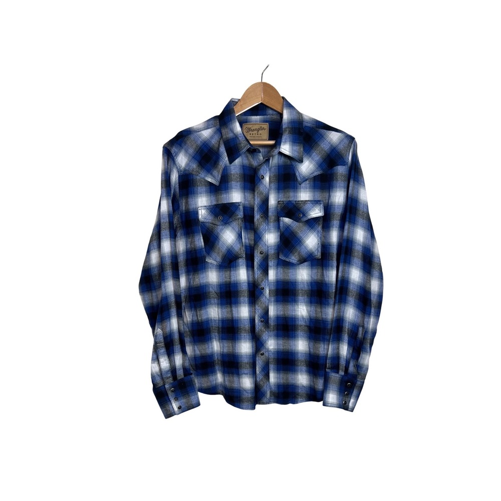 Wrangler Retro Western Shirt Mens XL Blue Plaid Long Sleeve 112355364 Snap A16